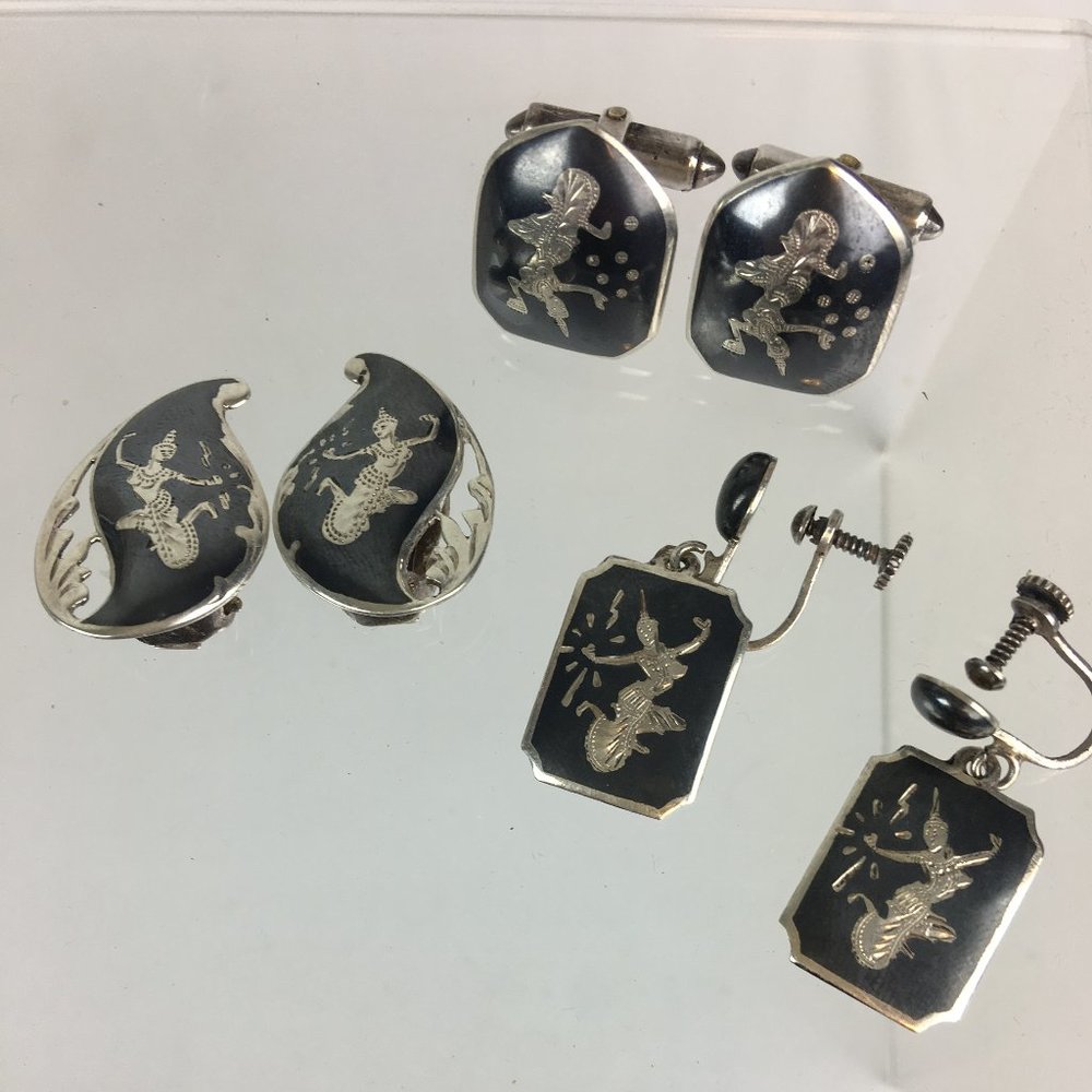 Big LOT Vintage SIAM Sterling Silver Dancer 2 PAIR Earrings & Cufflinks SET